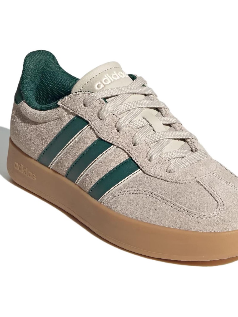 Women’s Adidas Barreda Suede Sneakers in Light Gray with Dark Green Stripes